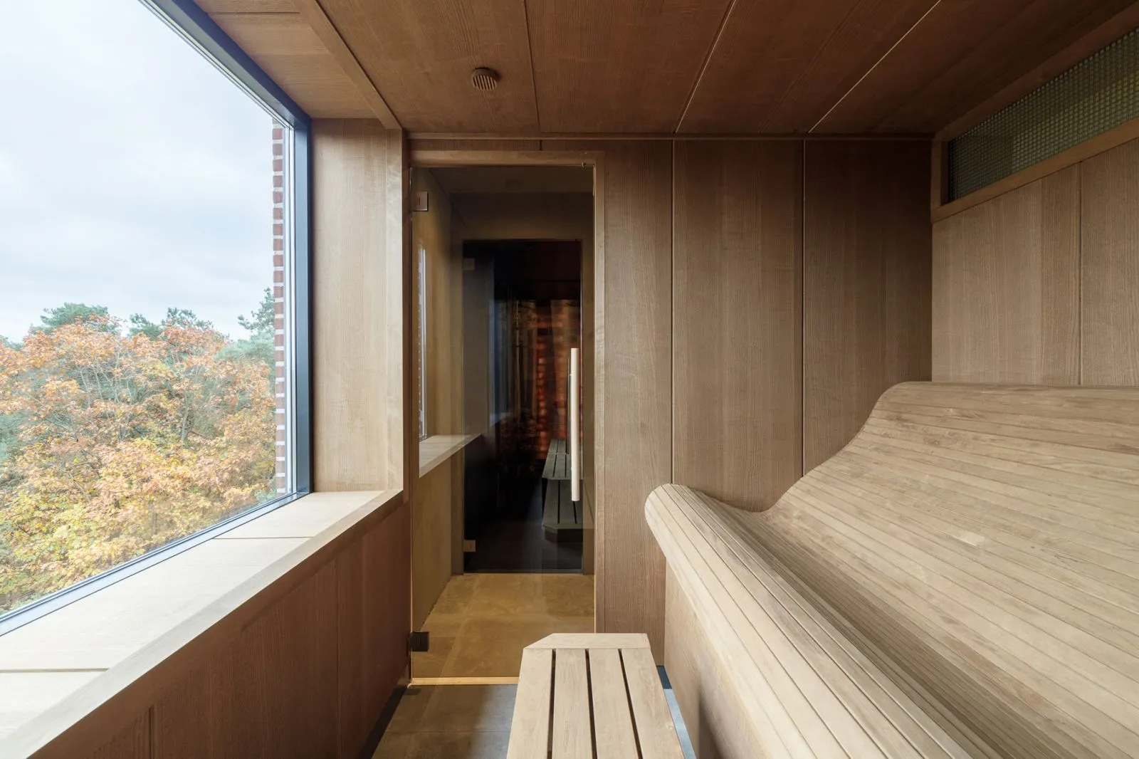 Sauna aus hellem Holz mit Blick durch ein hohes Fenster auf Herbstbäume